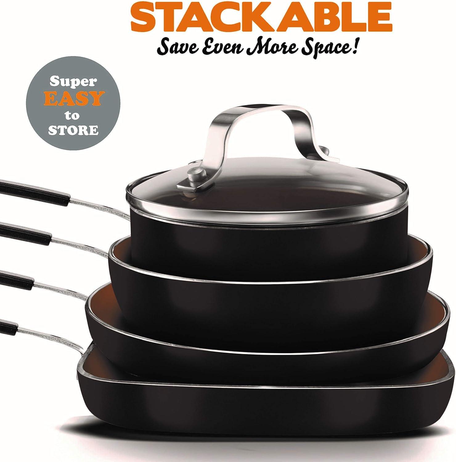 image:imageGotham Steel Mini Stackmaster 5 Piece Cookware Set Nonstick Personal Sized Fry Pan Sauce Pan Wok and GrillGriddle Pan Nests for Easy Storage Dishwasher SafeBlackMini 5 Piece Set