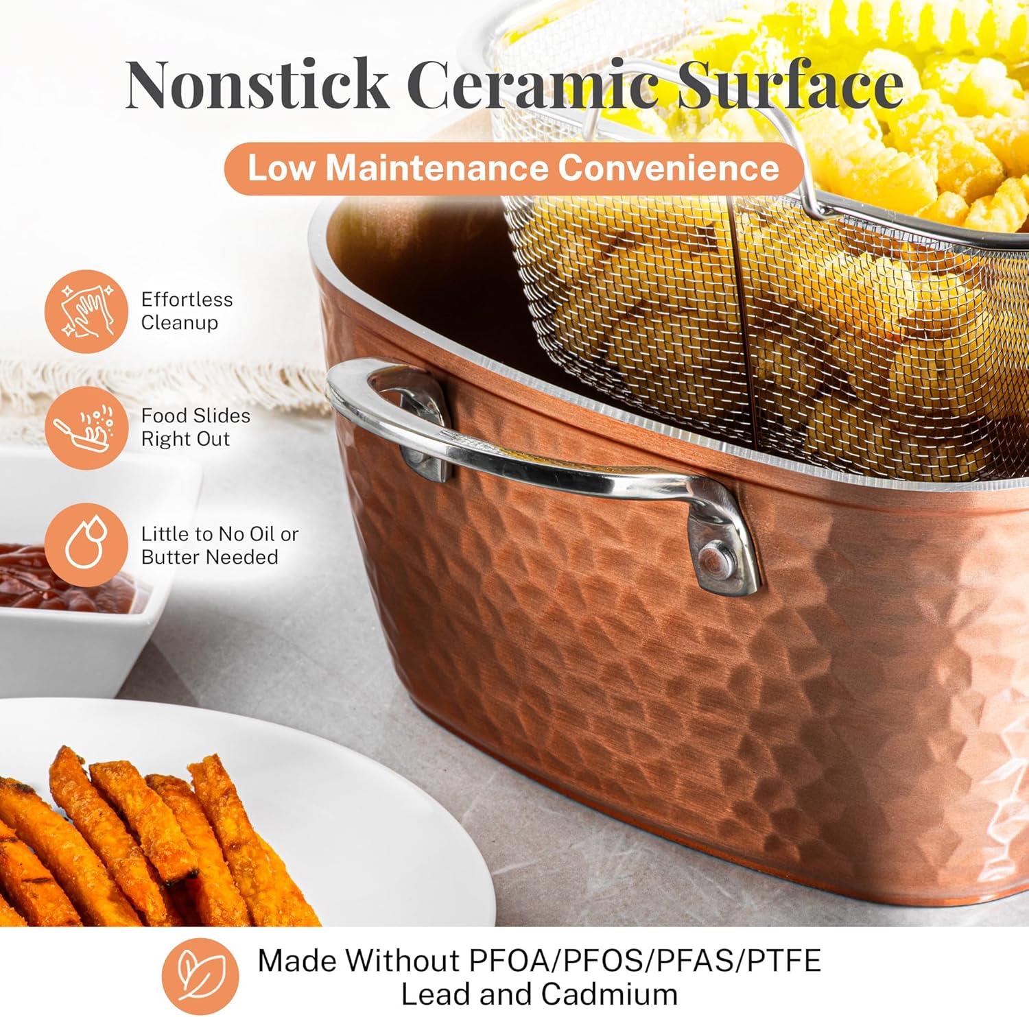 image:imageGotham Steel Nonstick Square Deep Frying Pan 95 Large Cooking Pan with Ceramic Nonstick Coating Deep Fryer Pot with Basket 4 Pc Titanium Ceramic with Lid Basket amp Steamer Tray Dishwasher SafeHammered Copper