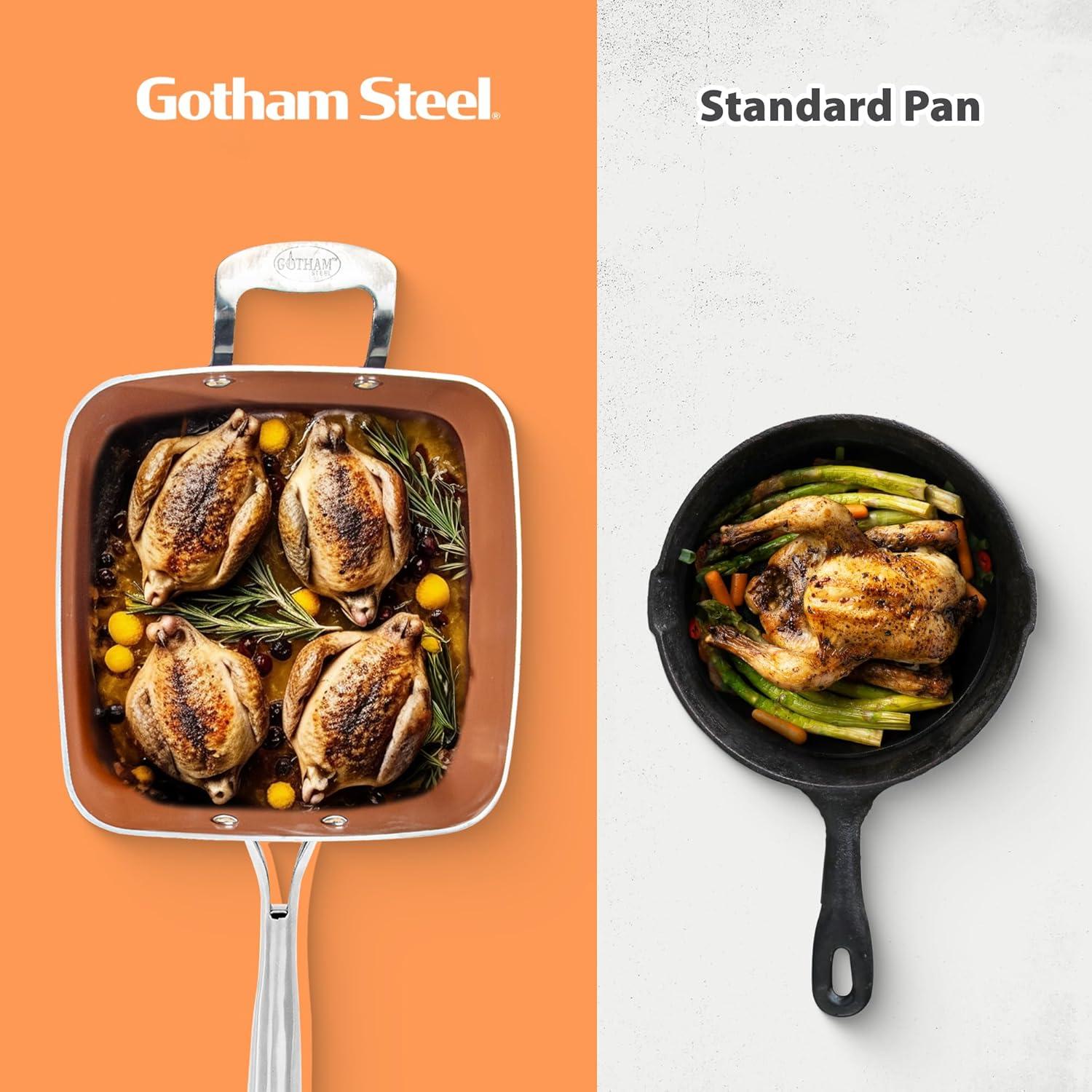 image:imageGotham Steel Nonstick Square Deep Frying Pan 95 Large Cooking Pan with Ceramic Nonstick Coating Deep Fryer Pot with Basket 4 Pc Titanium Ceramic with Lid Basket amp Steamer Tray Dishwasher SafeHammered Copper