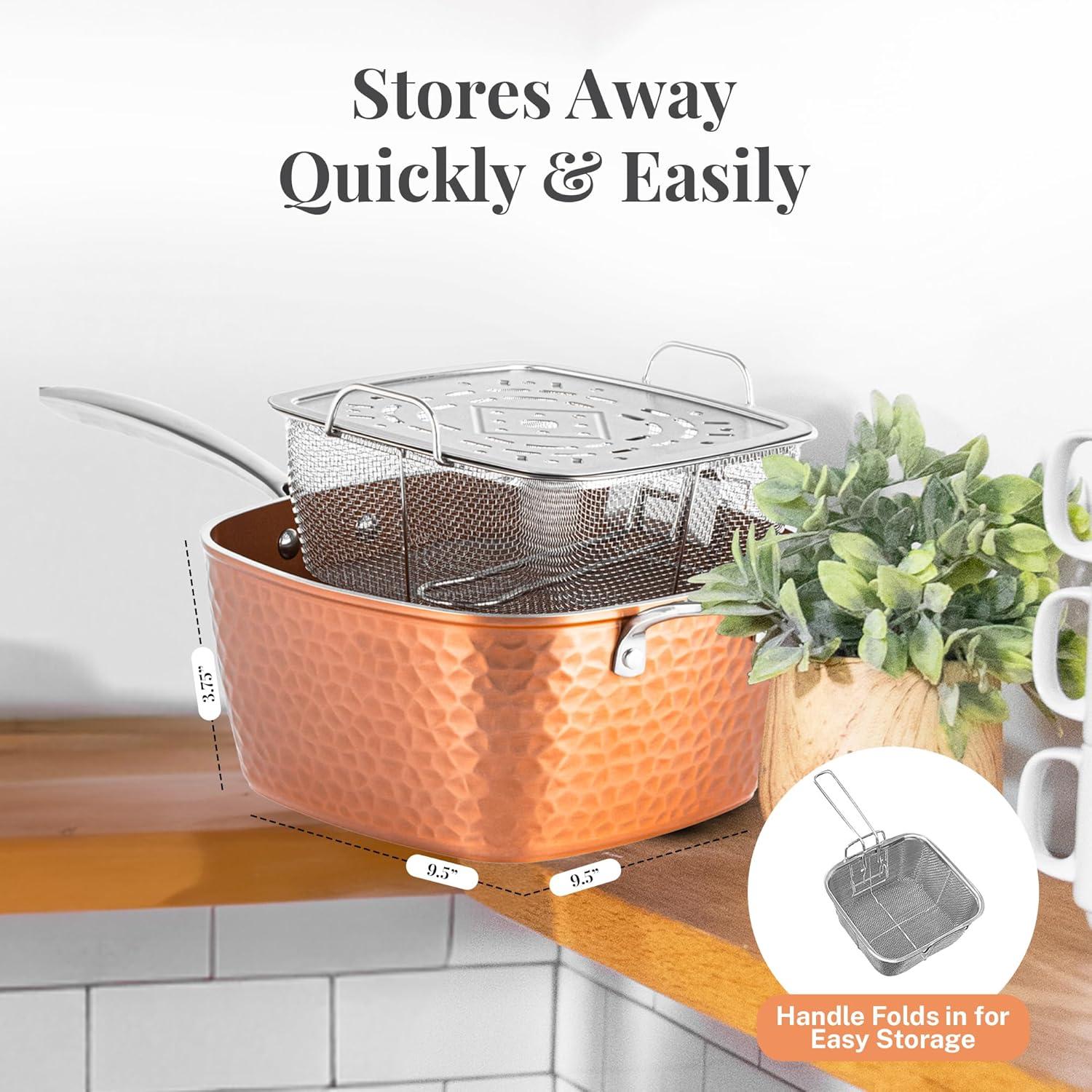 image:imageGotham Steel Nonstick Square Deep Frying Pan 95 Large Cooking Pan with Ceramic Nonstick Coating Deep Fryer Pot with Basket 4 Pc Titanium Ceramic with Lid Basket amp Steamer Tray Dishwasher SafeHammered Copper