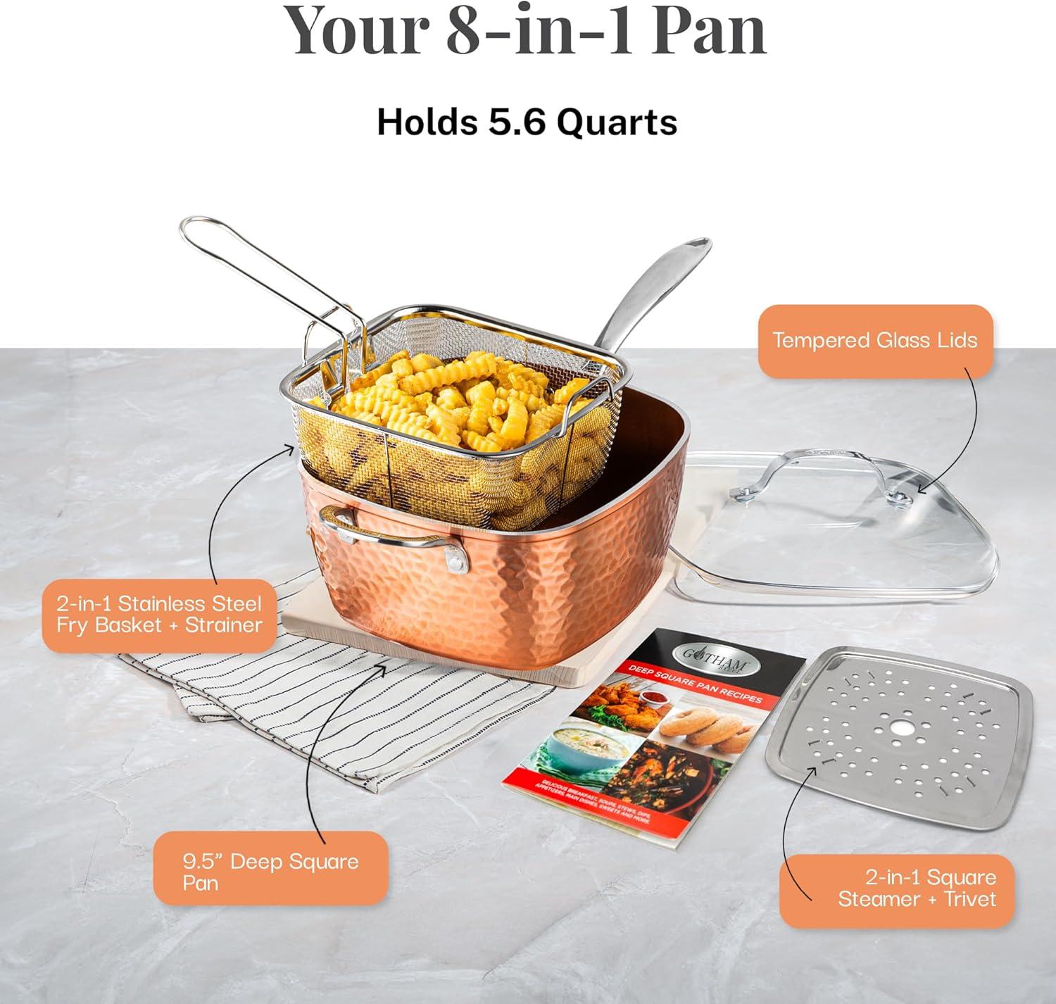 image:imageGotham Steel Nonstick Square Deep Frying Pan 95 Large Cooking Pan with Ceramic Nonstick Coating Deep Fryer Pot with Basket 4 Pc Titanium Ceramic with Lid Basket amp Steamer Tray Dishwasher SafeHammered Copper