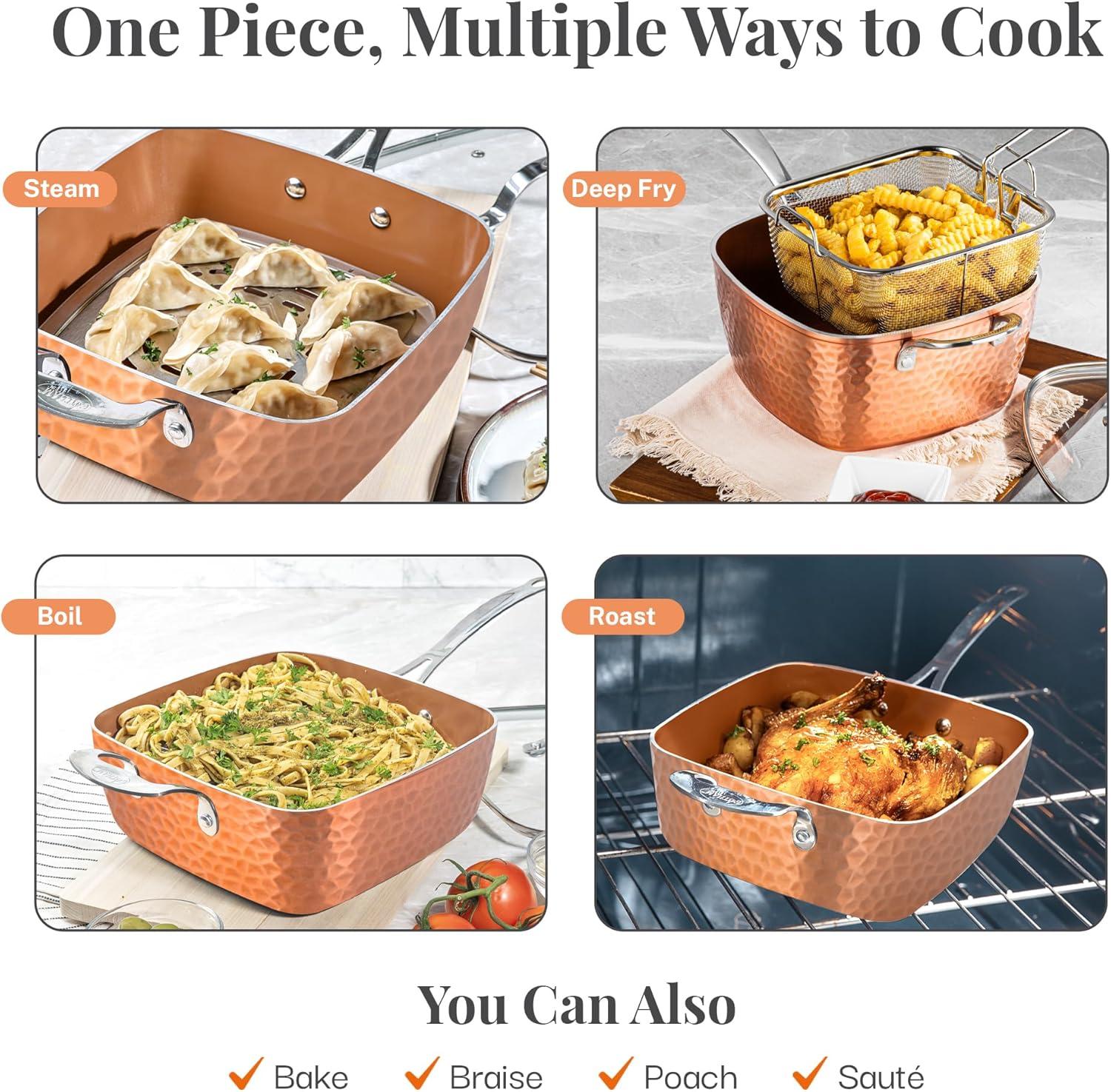 image:imageGotham Steel Nonstick Square Deep Frying Pan 95 Large Cooking Pan with Ceramic Nonstick Coating Deep Fryer Pot with Basket 4 Pc Titanium Ceramic with Lid Basket amp Steamer Tray Dishwasher SafeHammered Copper