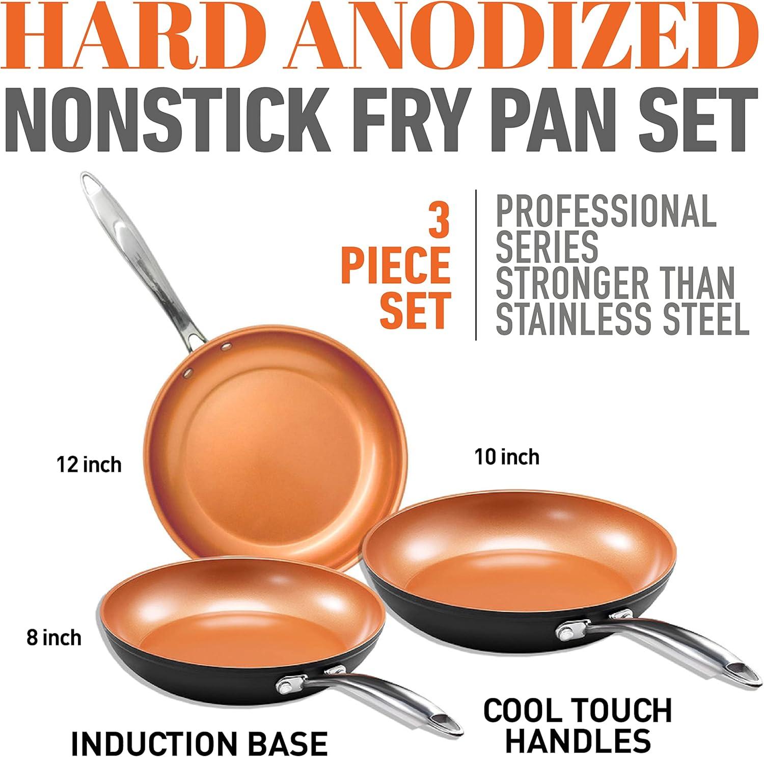 image:imageGotham Steel PRO 3 Pc Hard Anodized Ceramic Frying Pans Set 8 10 12 Nonstick Frying Pans Skillet with Non Toxic Ceramic amp Titanium Coating Induction Ready Oven and Dishwasher Safe Copper