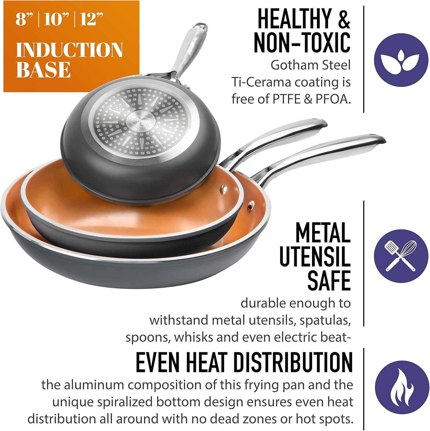 image:imageGotham Steel PRO 3 Pc Hard Anodized Ceramic Frying Pans Set 8 10 12 Nonstick Frying Pans Skillet with Non Toxic Ceramic amp Titanium Coating Induction Ready Oven and Dishwasher Safe Copper