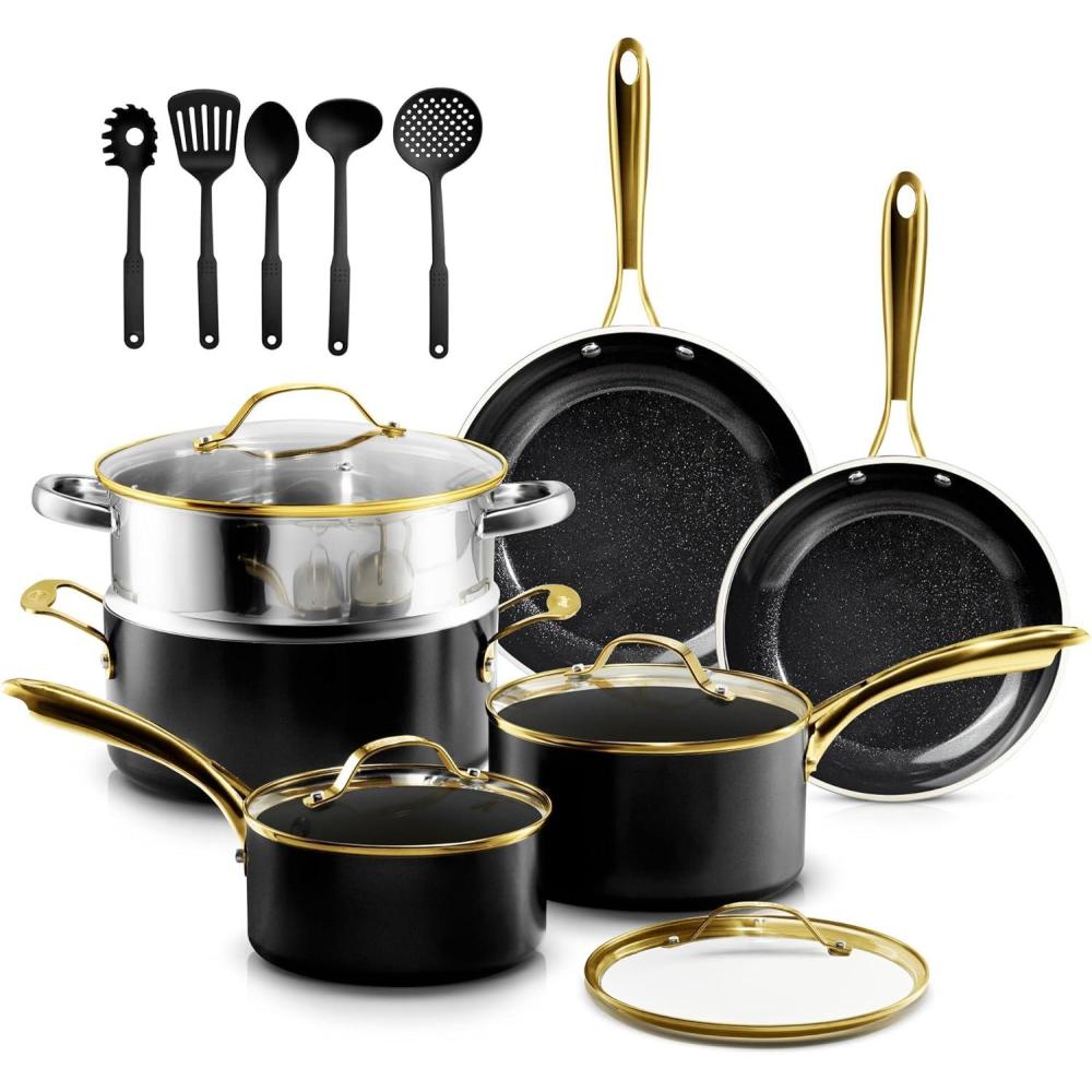 image:imageGOTHAM STEEL 13 Pc Ceramic Cookware Set Nonstick Copper Pots and Pans Set Non Stick for Kitchen Anodized Induction Pots and Pans for Cooking Non Toxic Cookware Sets Oven amp Dishwasher SafeGold Black