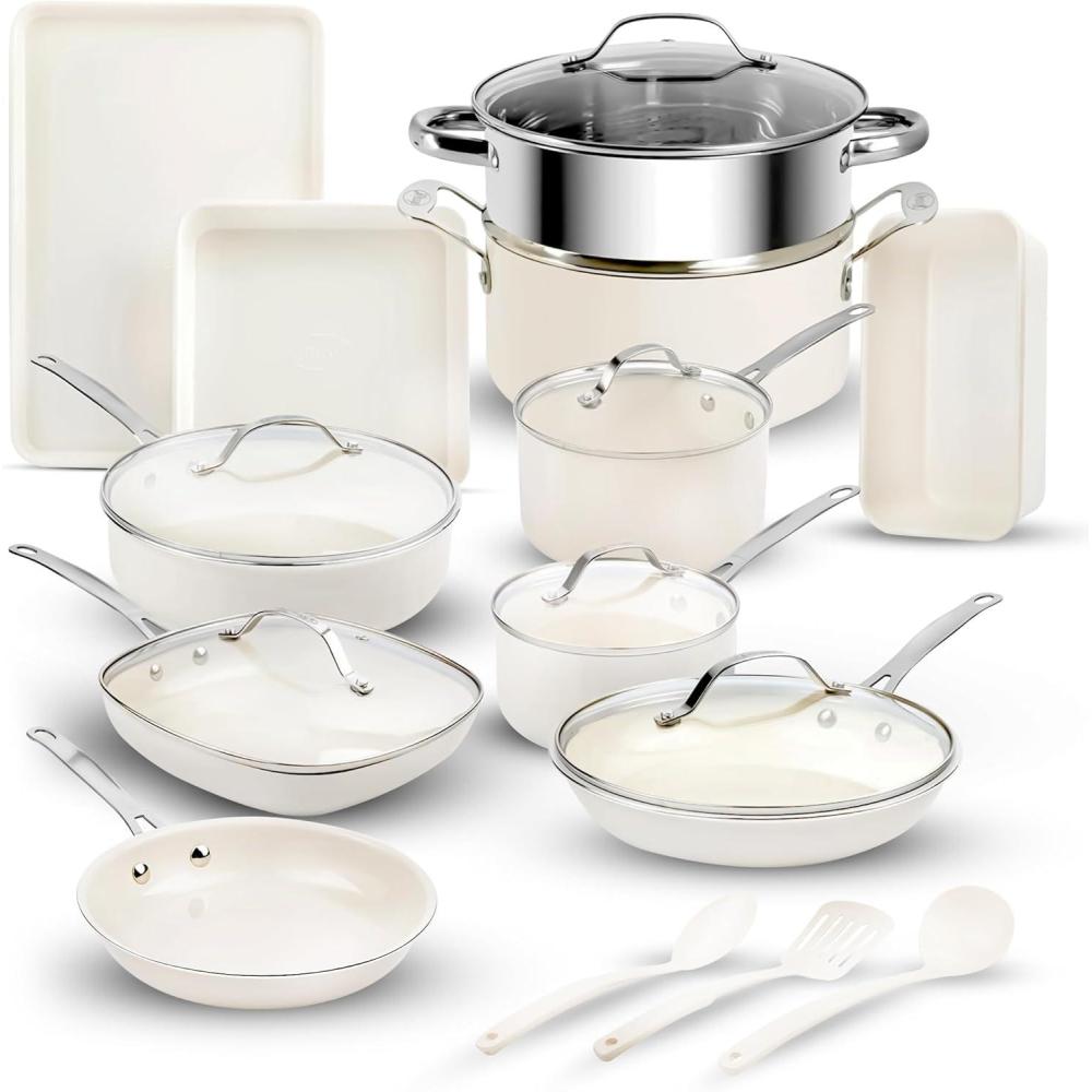 image:imageGOTHAM STEEL 20 Pc Ceramic Cookware Set Nonstick Ceramic Pots and Pans Set Non Stick for Kitchen with Bakeware Cooking Utensils amp Steamer Non Toxic PFOA PFOS Free Oven amp Dishwasher Safe