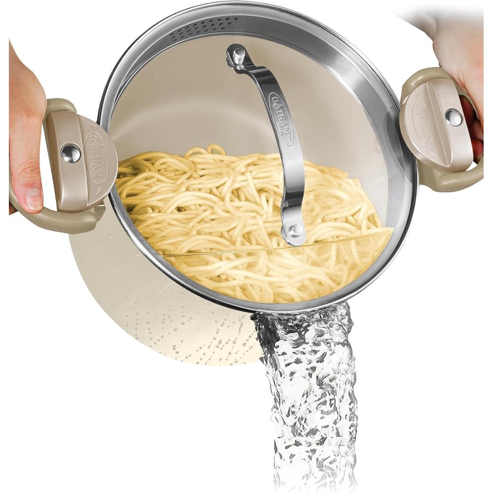 image:imageGOTHAM STEEL 5 Qt Ceramic Stock Pot Multipurpose Pasta Pot with Strainer Lid amp Twist and Lock Handles Nonstick Ceramic Pot for Soup Spaghetti Rice Pots for Kitchen Dishwasher Safe  CreamCream White