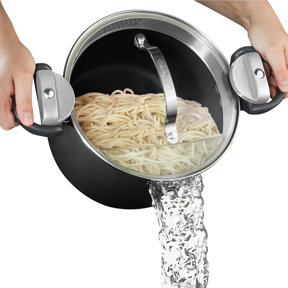image:imageGOTHAM STEEL 5 Qt Ceramic Stock Pot Multipurpose Pasta Pot with Strainer Lid amp Twist and Lock Handles Nonstick Ceramic Pot for Soup Spaghetti Rice Pots for Kitchen Dishwasher Safe  CreamBlack