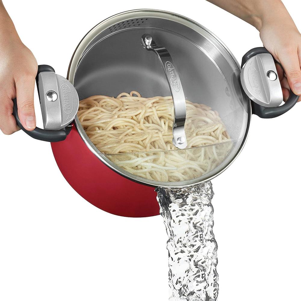 image:imageGOTHAM STEEL 5 Qt Ceramic Stock Pot Multipurpose Pasta Pot with Strainer Lid amp Twist and Lock Handles Nonstick Ceramic Pot for Soup Spaghetti Rice Pots for Kitchen Dishwasher Safe CreamRed