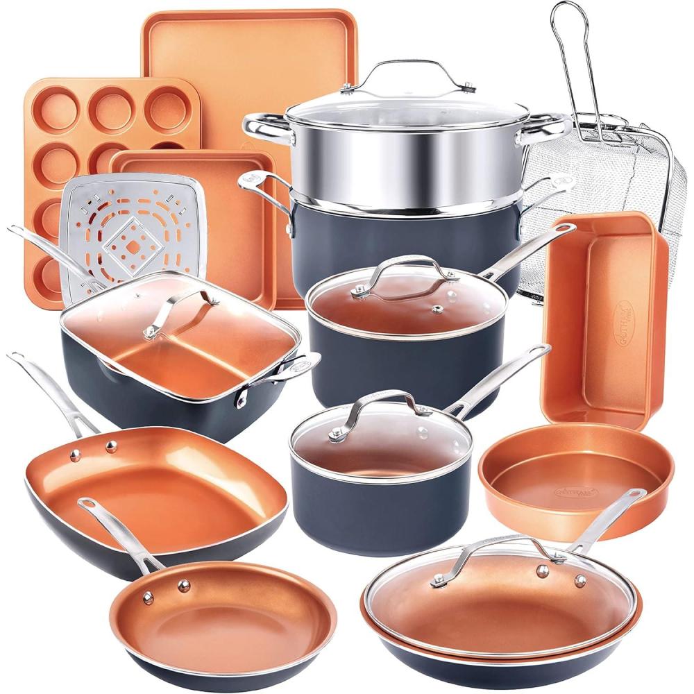 image:imageGotham Steel 12 Pc Ceramic Cookware Set Nonstick Ceramic Pots and Pans Set Non Stick with Steamer for Cooking Non Toxic PFOA PFOS Free Ergonomic Stay Cool Handles Oven amp Dishwasher Safe Copper20 Piece Set