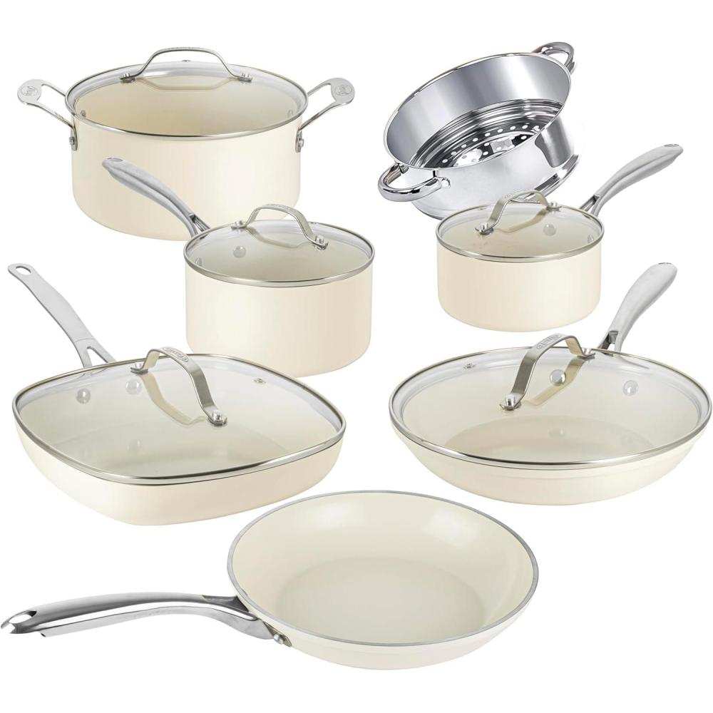 image:imageGotham Steel 12 Pc Ceramic Cookware Set Nonstick Ceramic Pots and Pans Set Non Stick with Steamer for Cooking Non Toxic PFOA PFOS Free Premium Stay Cool Handles Oven amp Dishwasher Safe
