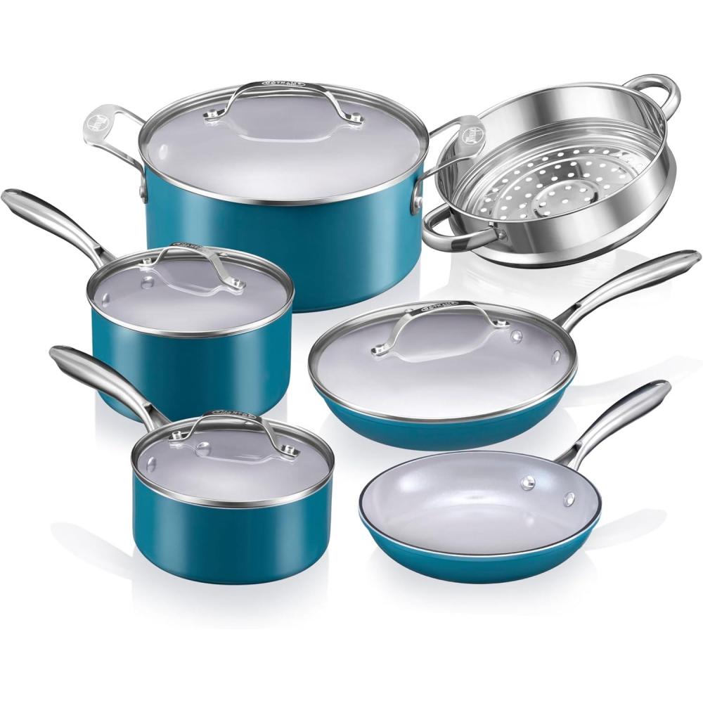 image:imageGotham Steel 15 Pc Ceramic Cookware Set Ceramic Pots and Pans Set Non Stick with Cooking Utensils and Steamer Non Toxic PFOA PFOS Free Premium Stay Cool Handles Oven amp Dishwasher SafeAqua Blue