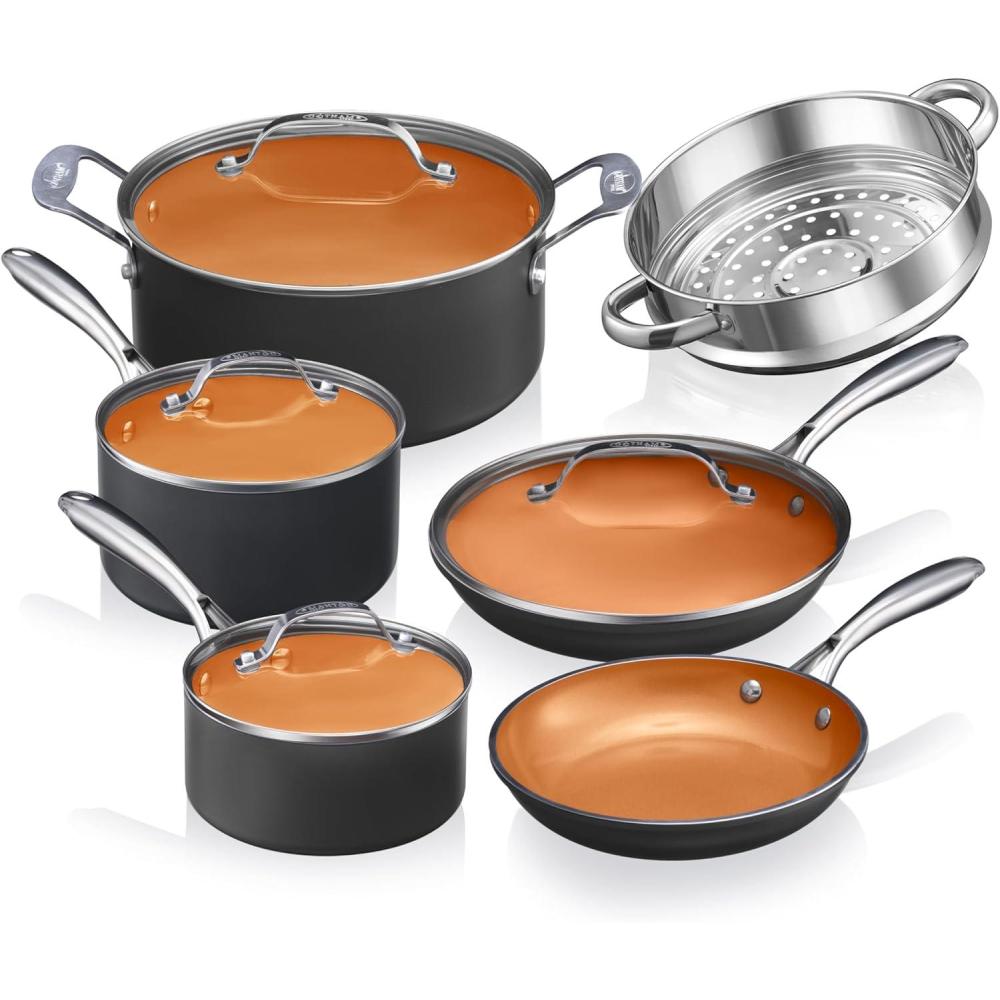 image:imageGotham Steel 15 Pc Ceramic Cookware Set Ceramic Pots and Pans Set Non Stick with Cooking Utensils and Steamer Non Toxic PFOA PFOS Free Premium Stay Cool Handles Oven amp Dishwasher SafeCopper Graphite