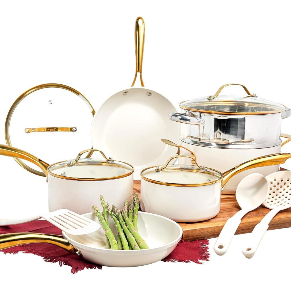 image:imageGotham Steel 15 Pc Ceramic Cookware Set Ceramic Pots and Pans Set Non Stick with Cooking Utensils and Steamer Non Toxic PFOA PFOS Free Premium Stay Cool Handles Oven amp Dishwasher SafeCream Gold