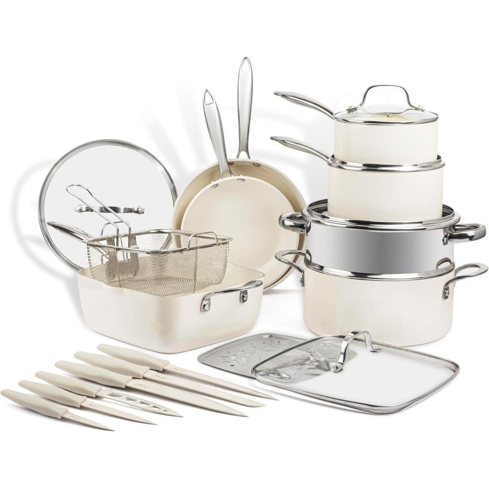 image:imageGotham Steel 20 Pc Pots and Pans Set Non Stick Cookware Set Kitchen Pot and Pan Set Non Toxic Ceramic Cookware Sets Nonstick Cookware Set Lightweight Dishwasher Safe Cream WhiteCream