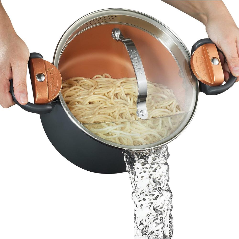 image:imageGotham Steel 5 Quart Stock Pot Multipurpose Pasta Pot with Strainer Lid amp Twist and Lock Handles Nonstick Ceramic Surface Makes for Effortless Cleanup with Tempered Glass Lid Dishwasher SafeGraphite