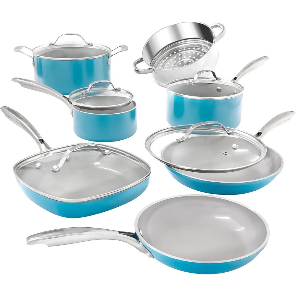 image:imageGotham Steel Aqua Blue Pots and Pans Set 12 Piece Nonstick Ceramic Cookware Includes Frying Pans Stockpots amp Saucepans Stay Cool Handles Oven amp Dishwasher Safe 100 PFOA Free Turquoise