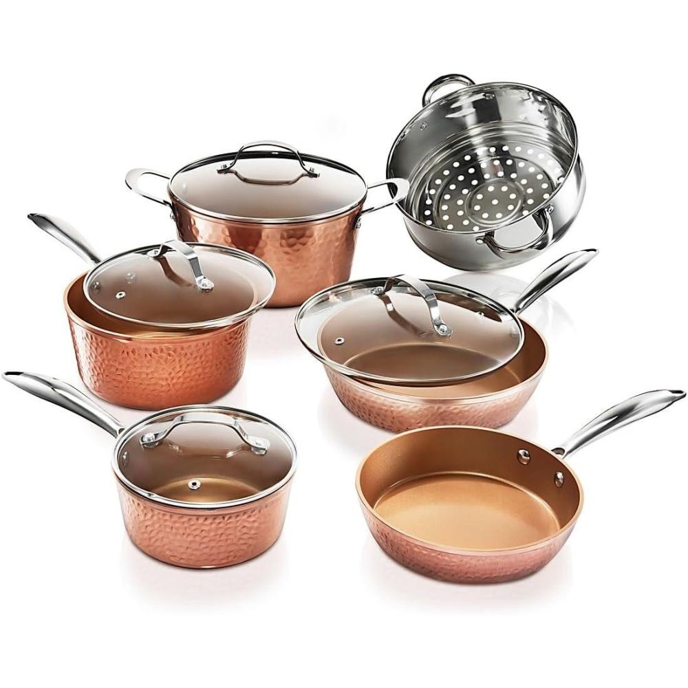 image:imageGotham Steel Hammered 15 Pc Ceramic Cookware Set Induction Pots and Pans Set Non Stick with Cooking Utensils amp Steamer Non Toxic Ceramic amp Titanium Coating PFOA PFOS Free Oven amp Dishwasher Safe