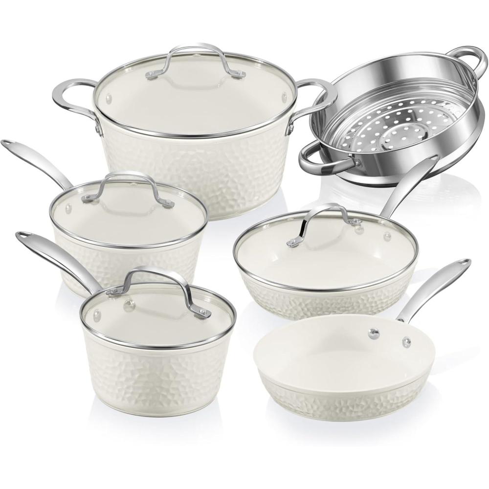 image:imageGotham Steel Hammered 15 Pc Ceramic Cookware Set Nonstick Deep Pots and Pans Set Non Stick with Induction Cookware Cooking Utensils amp Steamer Non Toxic PFOA PFOS Free Oven amp Dishwasher Safe