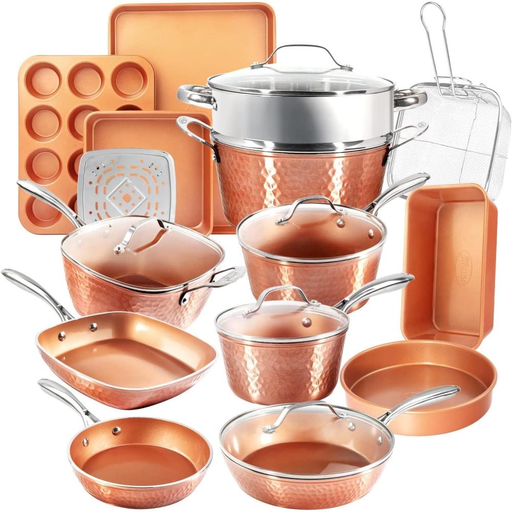 image:imageGotham Steel Hammered 20 Pc Ceramic Cookware Set Nonstick True Ceramic Pots and Pans Set Non Stick with Deep Square Pan Set amp Bakeware Set Non Toxic PFOA PFOS Free Oven amp Dishwasher Safe