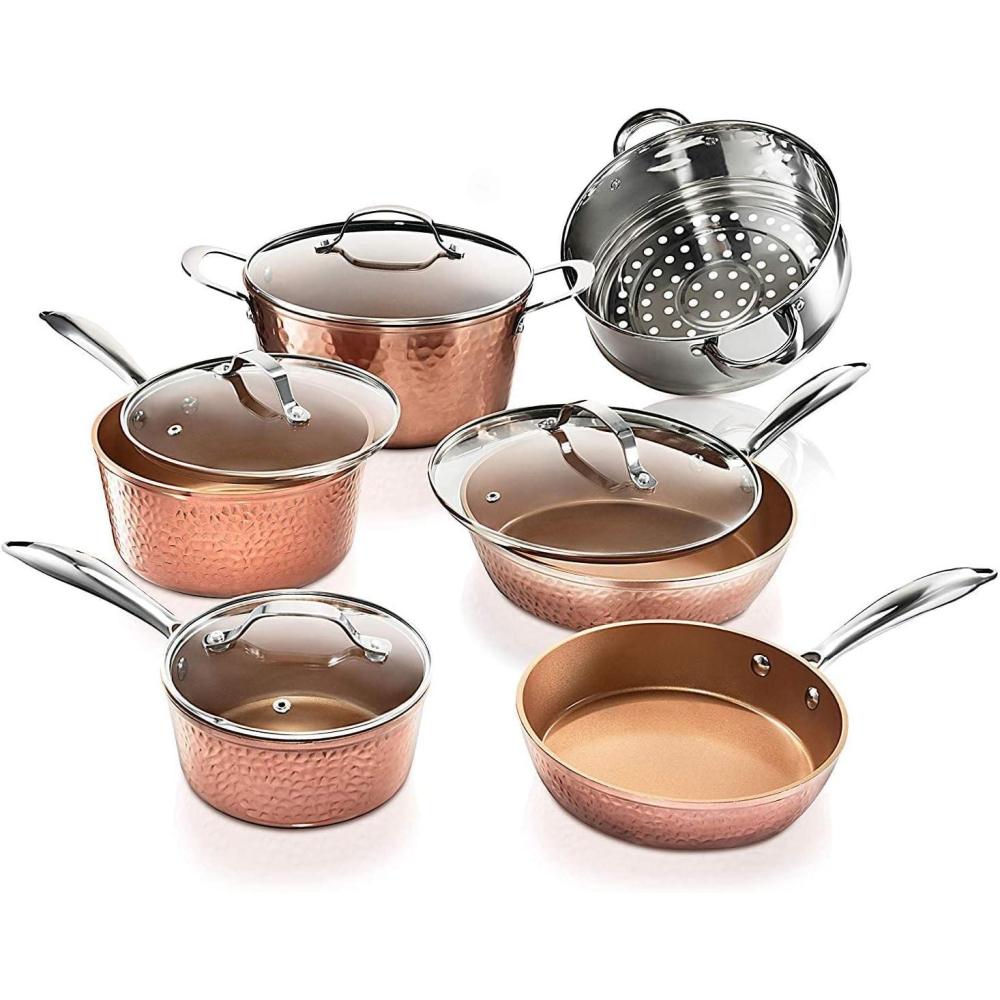 image:imageGotham Steel Hammered Copper 10 Pc Pots and Pans Set Non Stick Cookware Set Non Toxic Ceramic Cookware Set Kitchen Cookware Sets with Induction Cookware Pot and Pan Set OvenDishwasher Safe