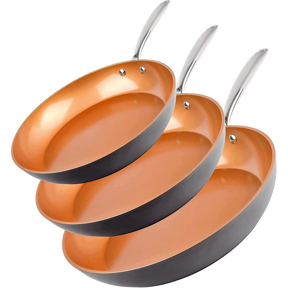 image:imageGotham Steel PRO 3 Pc Hard Anodized Ceramic Frying Pans Set 8 10 12 Nonstick Frying Pans Skillet with Non Toxic Ceramic amp Titanium Coating Induction Ready Oven and Dishwasher Safe Copper