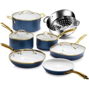 GOTHAM STEEL 13 Pc Ceramic Cookware Set Nonstick, Copper Pots and Pans Set Non Stick for Kitchen, Anodized Induction Pots and Pans for Cooking, Non Toxic Cookware Sets, Oven & Dishwasher Safe(Navy Gold)