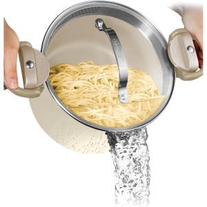 GOTHAM STEEL 5 Qt Ceramic Stock Pot Multipurpose Pasta Pot with Strainer Lid & Twist and Lock Handles, Nonstick Ceramic Pot for Soup, Spaghetti, Rice, Pots for Kitchen, Dishwasher Safe – Cream(Cream White)