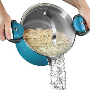 GOTHAM STEEL 5 Qt Ceramic Stock Pot Multipurpose Pasta Pot with Strainer Lid & Twist and Lock Handles, Nonstick Ceramic Pot for Soup, Spaghetti, Rice, Pots for Kitchen, Dishwasher Safe – Cream(Ocean Blue)