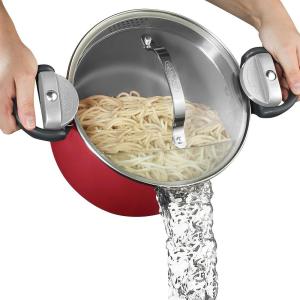 GOTHAM STEEL 5 Qt Ceramic Stock Pot Multipurpose Pasta Pot with Strainer Lid & Twist and Lock Handles, Nonstick Ceramic Pot for Soup, Spaghetti, Rice, Pots for Kitchen, Dishwasher Safe – Cream(Red)