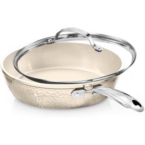 GOTHAM STEEL Hammered 10 Inch Non Stick Frying Pans with Lid, Frying Pans Nonstick with Lid, Non Toxic PFOA PFOS Free, Skillet Pan for Cooking, Induction Oven and Dishwasher Safe – Cream