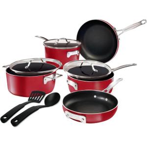 Gotham Steel 10 Piece Pots and Pans Set Non Stick Cookware Set, Kitchen Cookware Sets, Pot and Pan Set, Pot Set, Non Toxic Cookware Set, Frying Pan Set, Dishwasher Safe(Red)