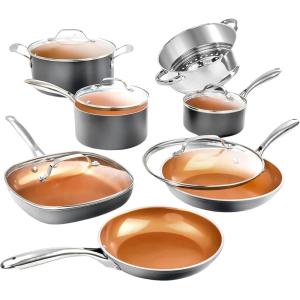 Gotham Steel 12 Pc Ceramic Cookware Set Nonstick, Ceramic Pots and Pans Set Non Stick with Steamer for Cooking, Non Toxic PFOA PFOS Free, Ergonomic Stay Cool Handles, Oven & Dishwasher Safe, Copper(12 Piece Set)