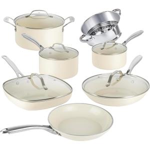 Gotham Steel 12 Pc Ceramic Cookware Set Nonstick, Ceramic Pots and Pans Set Non Stick with Steamer for Cooking, Non Toxic PFOA PFOS Free, Premium Stay Cool Handles, Oven & Dishwasher Safe