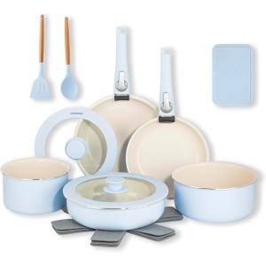 Gotham Steel 18 Pc Removeable Handle Pots and Pans Set Non Stick, Kitchen Cookware Sets, Ceramic Cookware Set, Non Toxic, Nesting Camping Cookware, Oven and Dishwasher Safe – Blue
