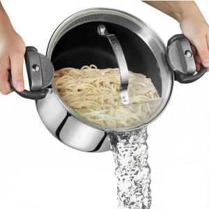 Gotham Steel 5 Quart Stock Pot Multipurpose Pasta Pot with Strainer Lid & Twist and Lock Handles, Nonstick Ceramic Surface Makes for Effortless Cleanup with Tempered Glass Lid, Dishwasher Safe(Stainless Steel)
