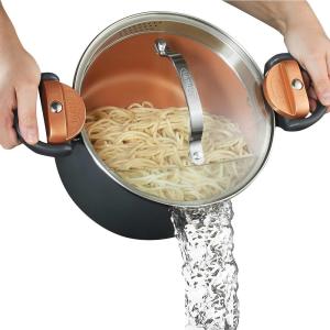 Gotham Steel 5 Quart Stock Pot Multipurpose Pasta Pot with Strainer Lid & Twist and Lock Handles, Nonstick Ceramic Surface Makes for Effortless Cleanup with Tempered Glass Lid, Dishwasher Safe(Graphite)