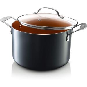 Gotham Steel 8 Qt Large Ceramic Stock Pot for Cooking, Multipurpose Pasta Pot with Strainer Lid for Spaghetti, Soup, Rice, Large Cooking Pots with Lids and Twist & Lock Handles, Dishwasher Safe(Copper)