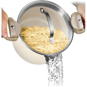 Gotham Steel 8 Qt Large Ceramic Stock Pot for Cooking, Multipurpose Pasta Pot with Strainer Lid for Spaghetti, Soup, Rice, Large Cooking Pots with Lids and Twist & Lock Handles, Dishwasher Safe(Cream White)