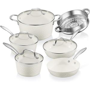 Gotham Steel Hammered 15 Pc Ceramic Cookware Set Nonstick, Deep Pots and Pans Set Non Stick with Induction Cookware, Cooking Utensils & Steamer, Non Toxic PFOA PFOS Free, Oven & Dishwasher Safe