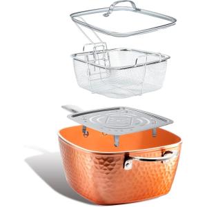 Gotham Steel Nonstick Square Deep Frying Pan, 9.5” Large Cooking Pan with Ceramic Nonstick Coating, Deep Fryer Pot with Basket, 4 Pc Titanium Ceramic with Lid, Basket & Steamer Tray, Dishwasher Safe(Hammered Copper)