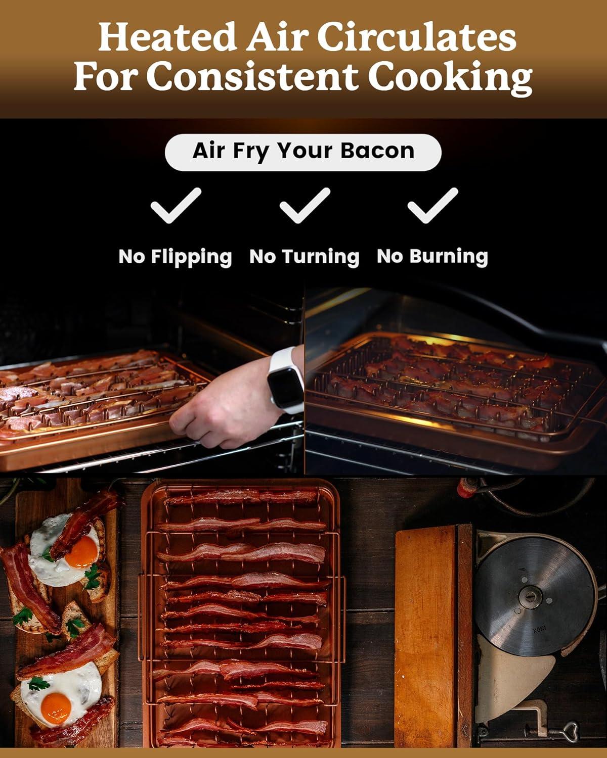 image:imageGOTHAM STEEL 2 Pc Baking Pan with Rack for Crispy Bacon Air Fryer Basket for Bacon with Grease Catcher Nonstick Bacon Cooker for OvenCopper Bacon Pan Air Fryer Pan OvenDishwasher SafeLarge