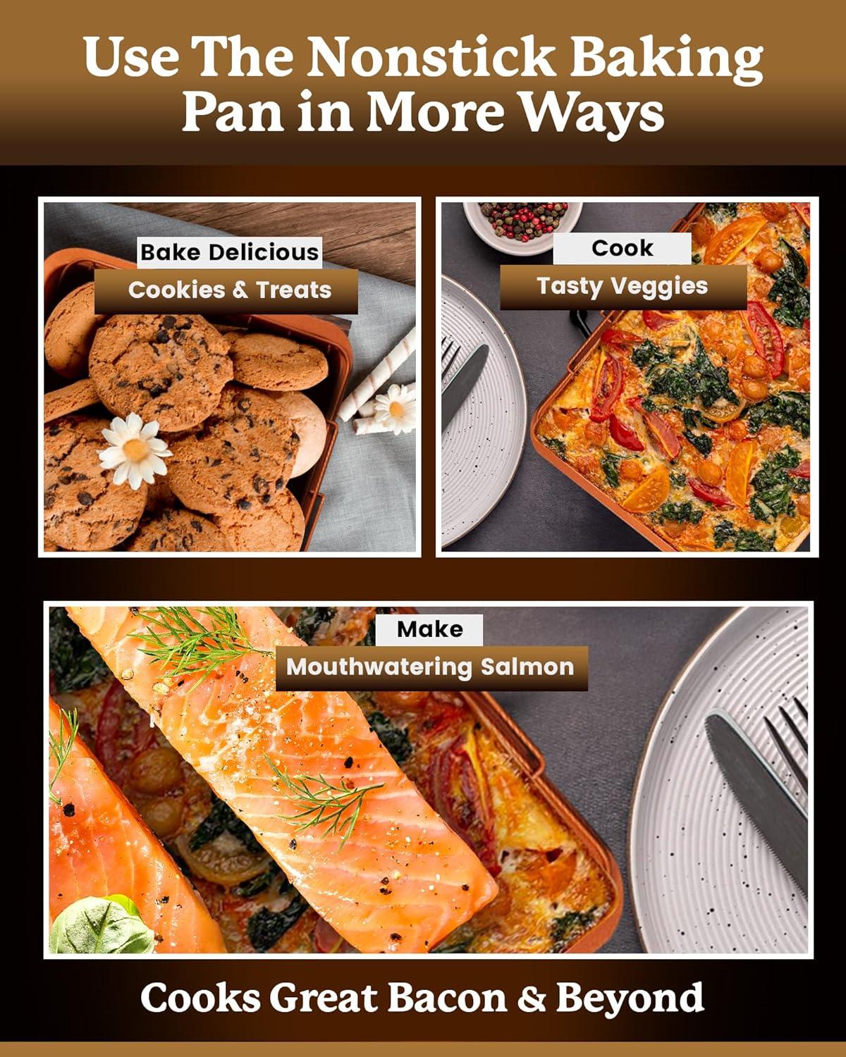 image:imageGOTHAM STEEL 2 Pc Baking Pan with Rack for Crispy Bacon Air Fryer Basket for Bacon with Grease Catcher Nonstick Bacon Cooker for OvenCopper Bacon Pan Air Fryer Pan OvenDishwasher SafeLarge