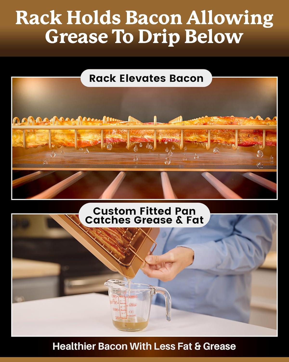 image:imageGOTHAM STEEL 2 Pc Baking Pan with Rack for Crispy Bacon Air Fryer Basket for Bacon with Grease Catcher Nonstick Bacon Cooker for OvenCopper Bacon Pan Air Fryer Pan OvenDishwasher SafeLarge