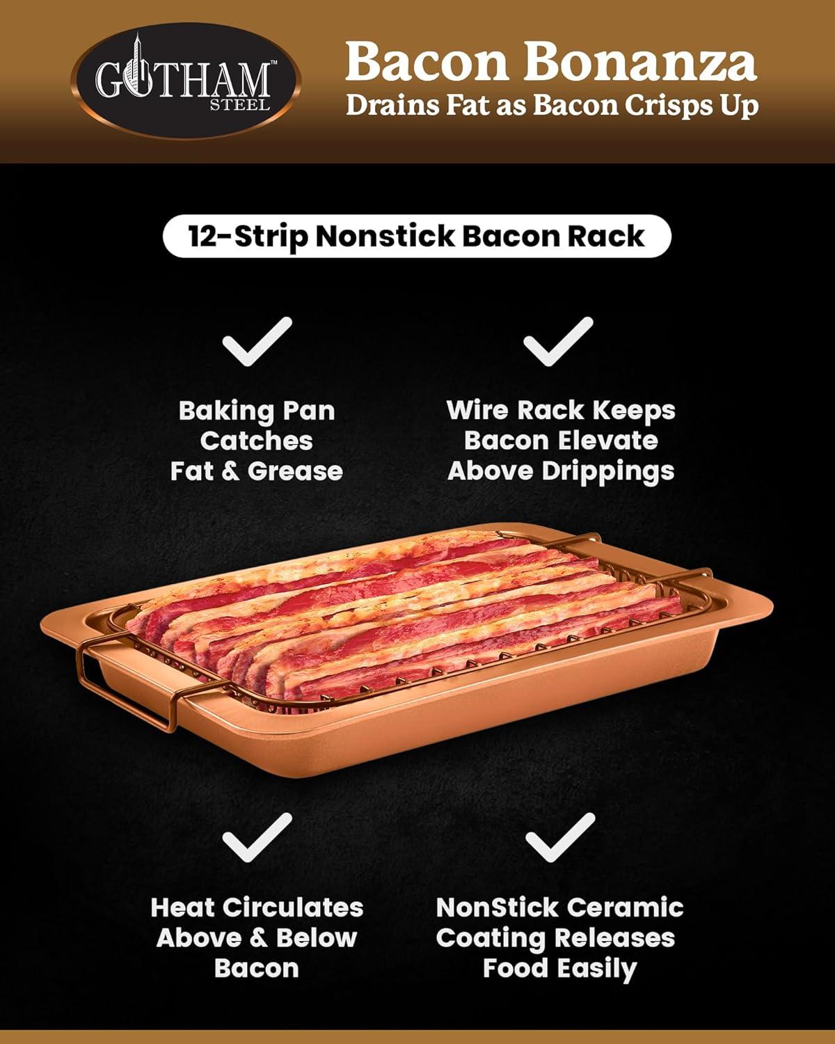 image:imageGOTHAM STEEL 2 Pc Baking Pan with Rack for Crispy Bacon Air Fryer Basket for Bacon with Grease Catcher Nonstick Bacon Cooker for OvenCopper Bacon Pan Air Fryer Pan OvenDishwasher SafeLarge