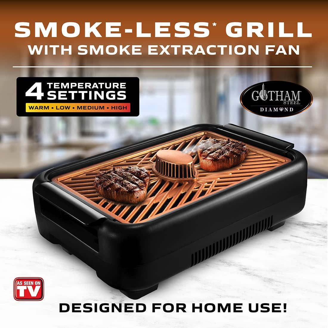 image:imageGOTHAM STEEL Smokeless Grill Indoor Grill Ultra Nonstick Electric Grill Dishwasher Safe Surface Temp Control Metal Utensil Safe Barbeque Indoor GrillWith Fan