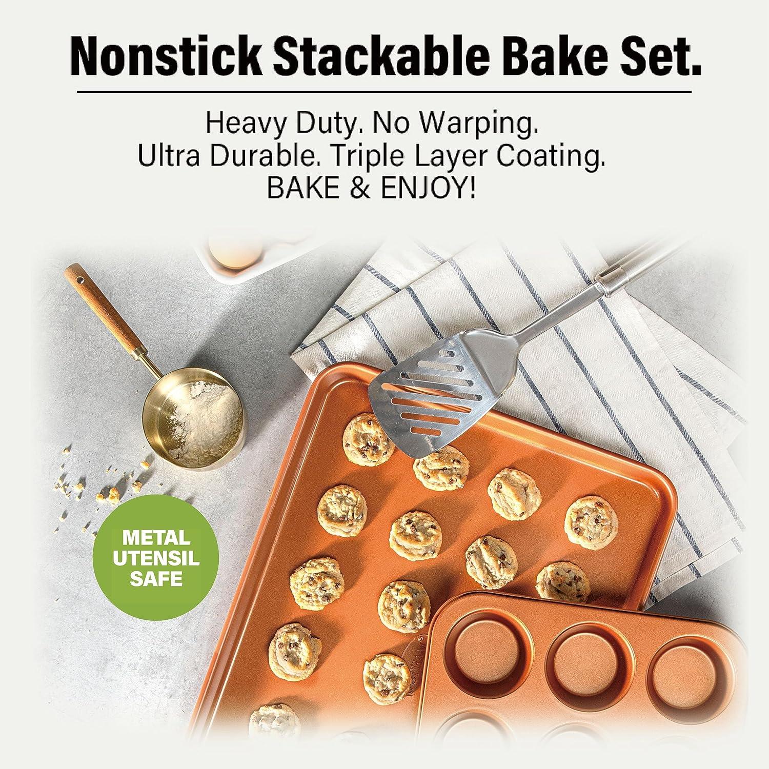 image:imageGotham Steel 6 Pc Stackable Bakeware SetBaking Pans Set Nonstick with Oven Pans Baking Sheet Set and Wire Rack Complete Baking Set for Kitchen OvenDishwasher Safe 100 Non ToxicOrange