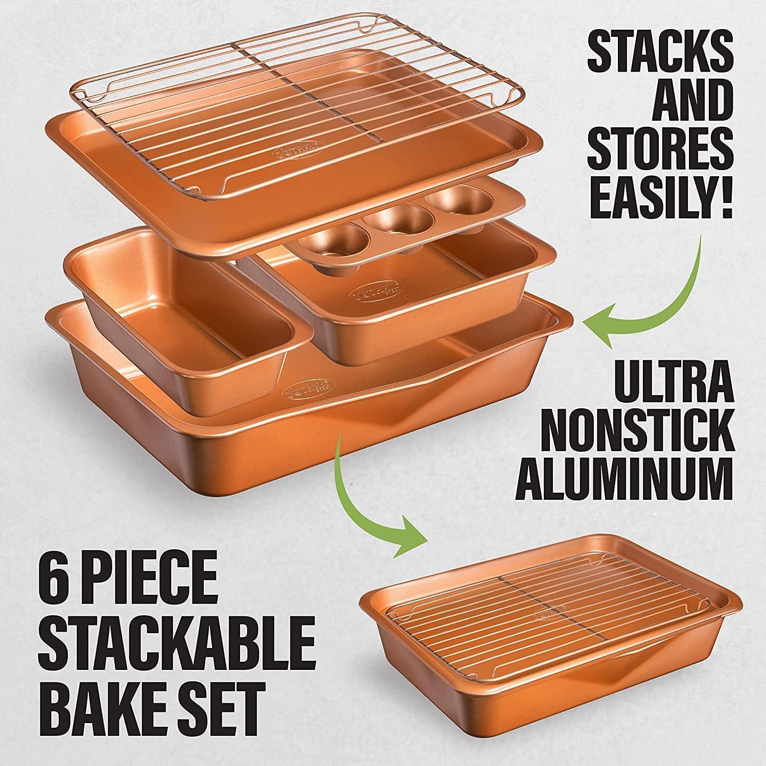 image:imageGotham Steel 6 Pc Stackable Bakeware SetBaking Pans Set Nonstick with Oven Pans Baking Sheet Set and Wire Rack Complete Baking Set for Kitchen OvenDishwasher Safe 100 Non ToxicOrange