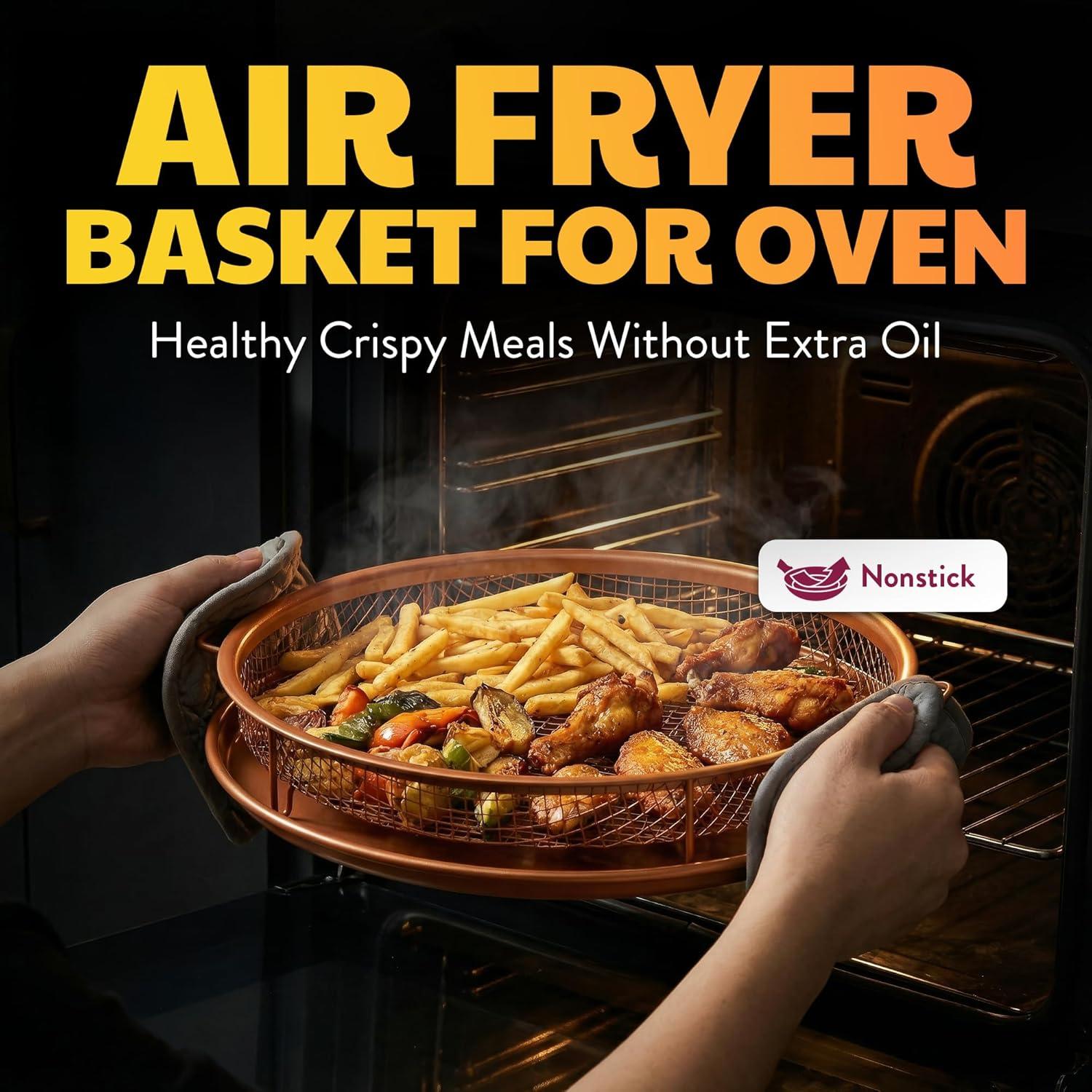 image:imageGotham Steel Crisper Tray for Oven 2 Piece Nonstick Copper Crisper Tray and Basket Air Fry in your Oven Great for Baking and Crispy Foods As Seen on TV Extra Large Size 134 x 11412 x 12 Round