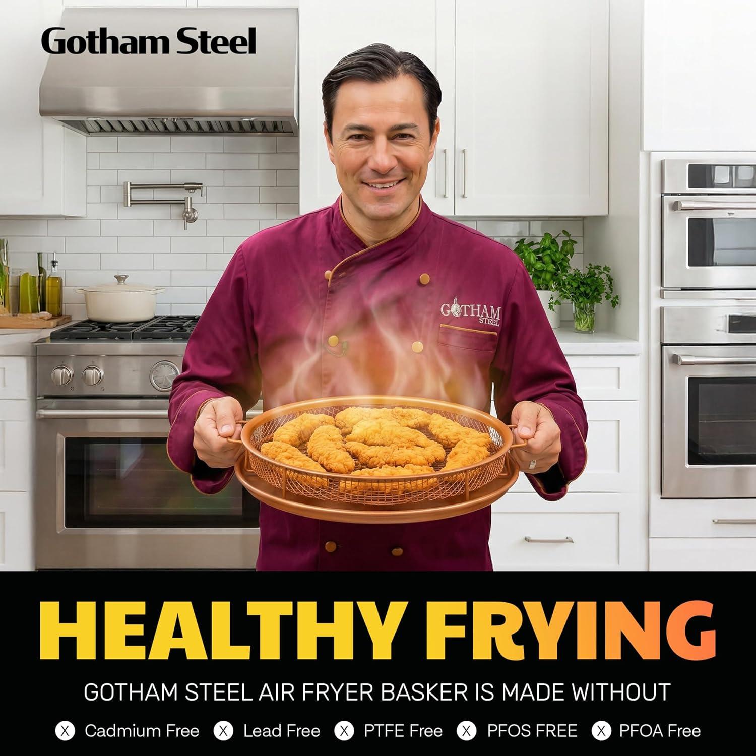 image:imageGotham Steel Crisper Tray for Oven 2 Piece Nonstick Copper Crisper Tray and Basket Air Fry in your Oven Great for Baking and Crispy Foods As Seen on TV Extra Large Size 134 x 11412 x 12 Round